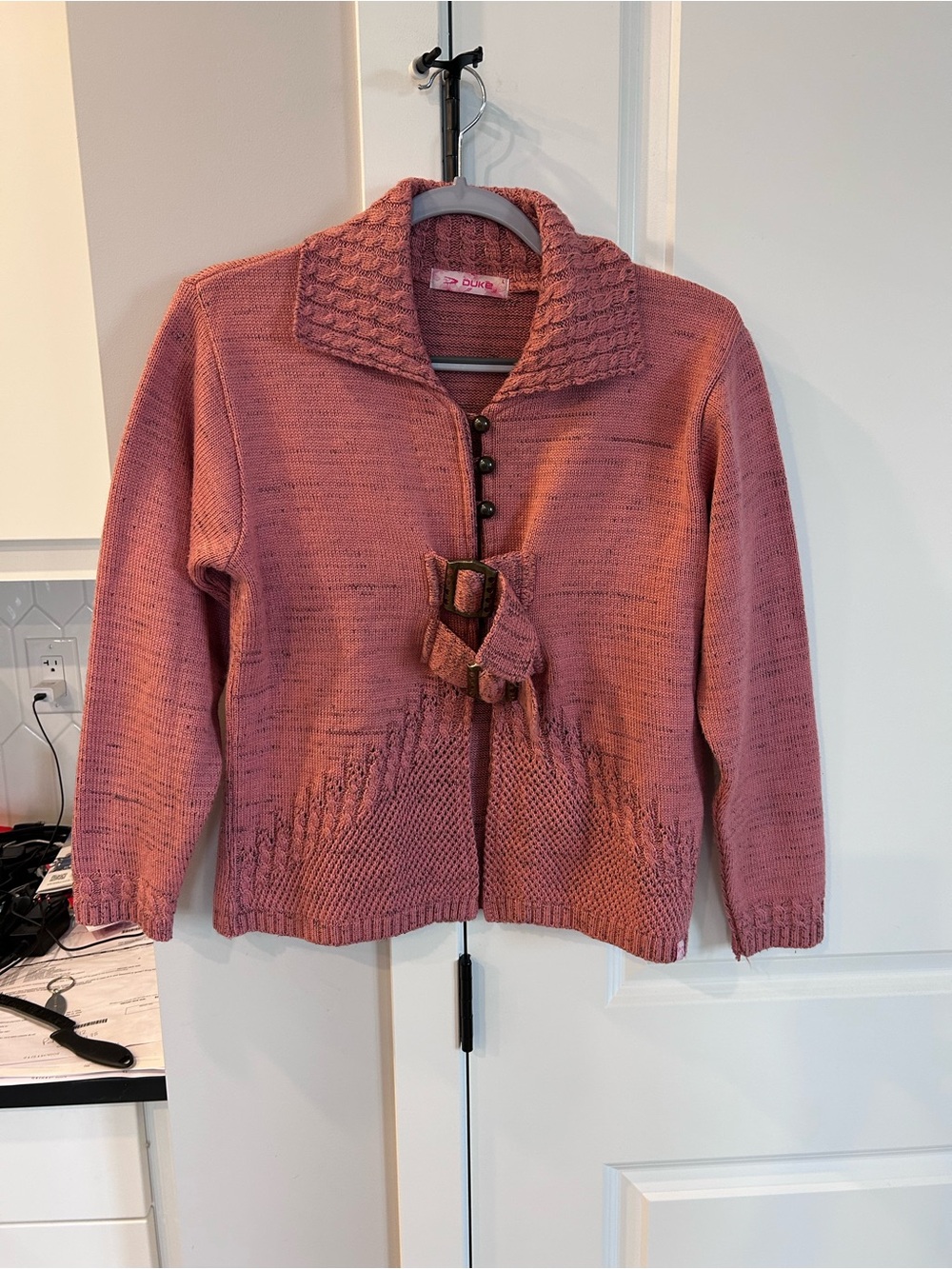 Duke Pink Knit Cardigan Sweater Textured Collar Front Buckle Detail Cozy Layer